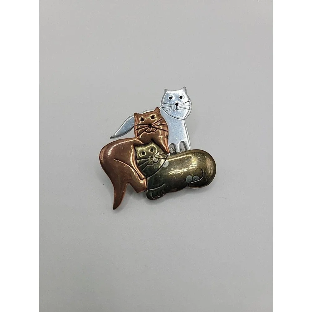 Vintage Mixed Metal Cat Brooch Trio of Cat Pin Gold Silver Copper Tone Whimsical